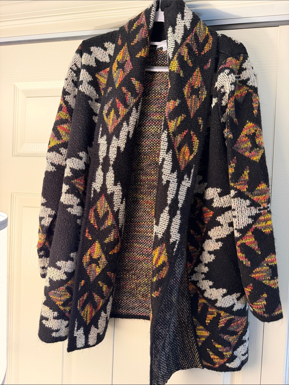Open-Front Black Aztec Pattern Shawl Cardigan Sweater